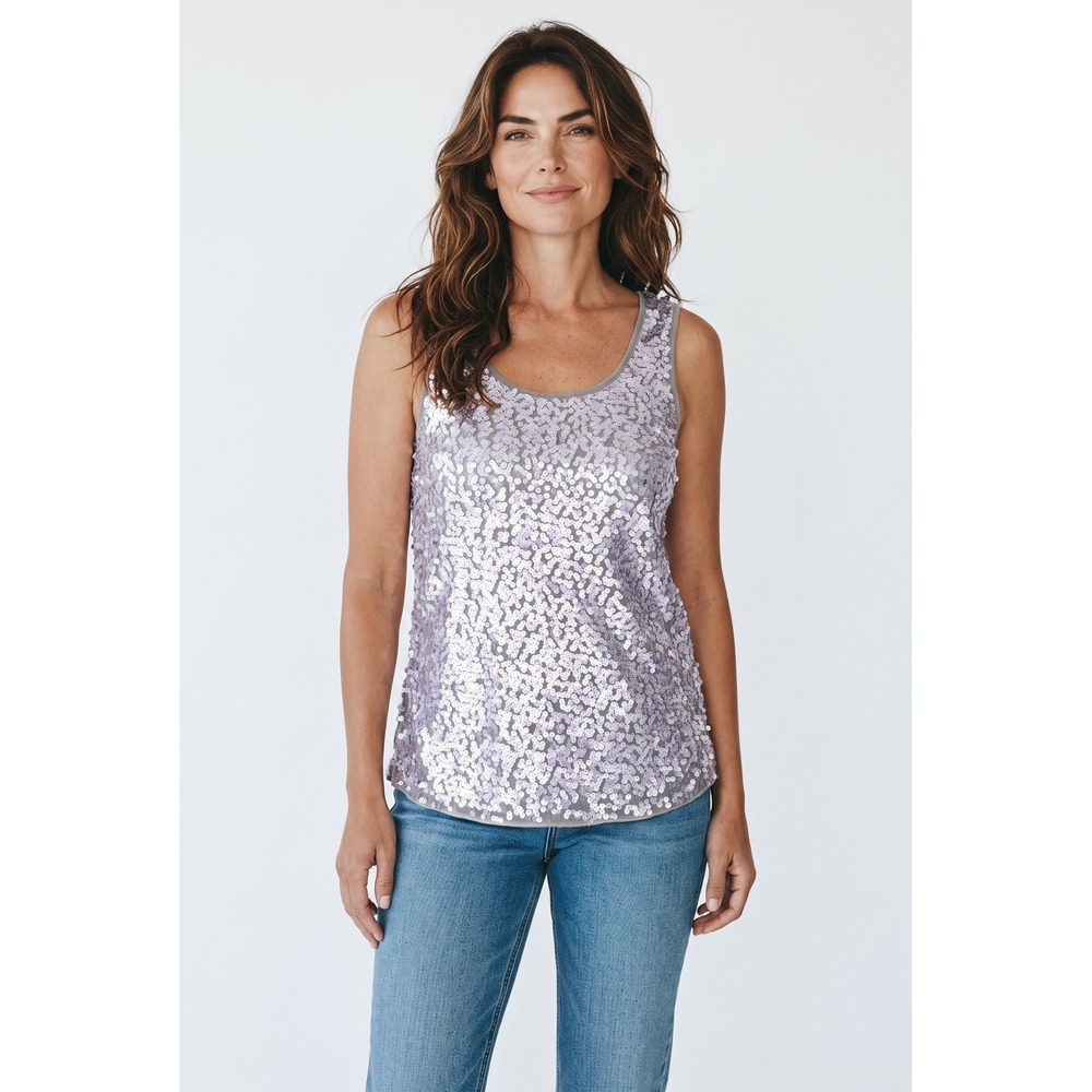 Chicos Party Sequin Tank Top Sleeveless Scoop Neck Shell Size 1 Medium Lavender